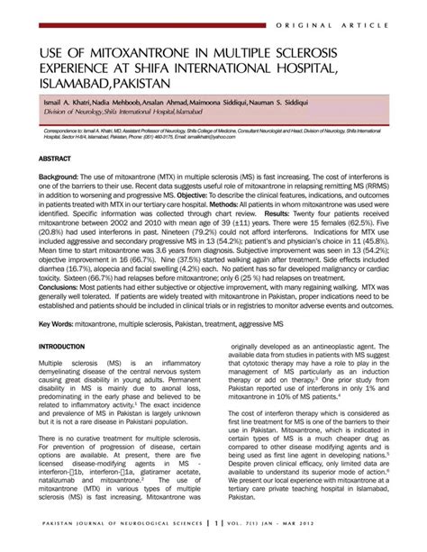 (PDF) Use of Mitoxantrone in Multiple Sclerosis -experience at Shifa ...