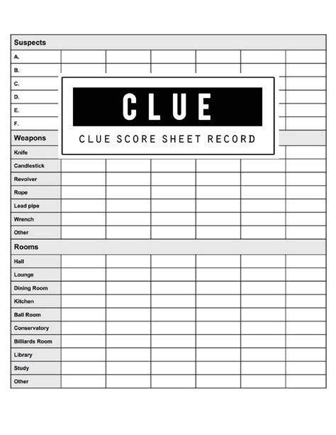 Printable Clue Game Sheets