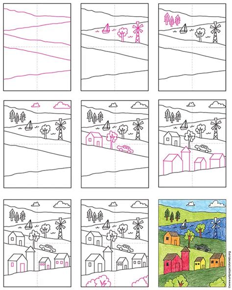 Easy How to Draw a Landscape Tutorial and Landscape Coloring Page