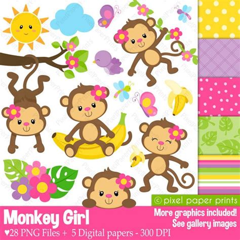 Monkey Girl Clipart and Digital Paper Set Monkey Clip Art - Etsy