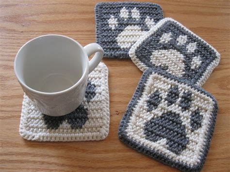 Paw Print Coasters. Gray and white crochet coaster set with dog paw prints. Pet lover gift | Paw ...