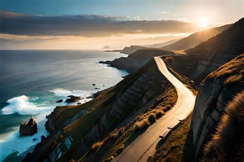 Premium AI Image | A road with a sunset on the horizon