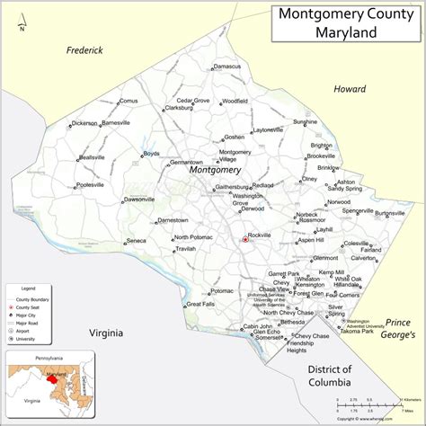 Map of Montgomery County, Maryland showing cities, highways & important ...