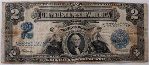 1899 $2 Two Dollars U.S. Silver Certificate Blue Seal Large Size Currency Bank Note Bill ...