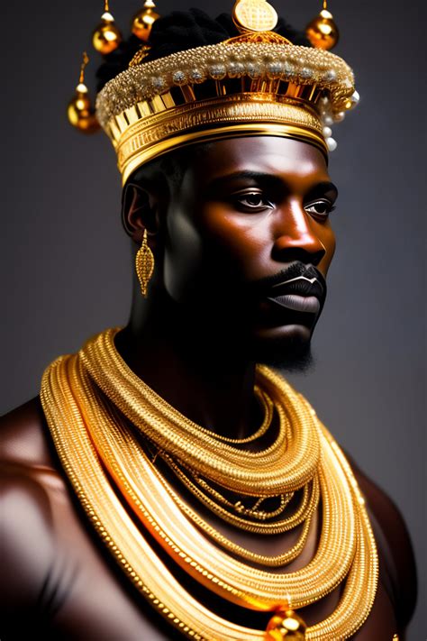 Lexica - African King, wearing gold ornaments, orthographic front view, looking into camera