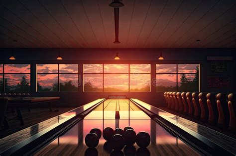 Bowling Alley, with View of the Sunset in the Distance Stock Image - Image of generative ...