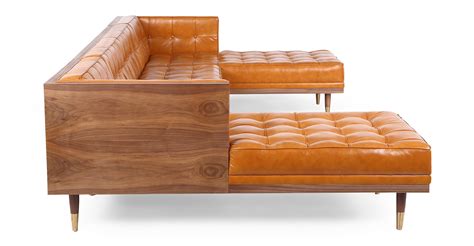 Kardiel Woodrow Midcentury Modern Box Sofa U-Shaped Chaise Sectional, Tan Aniline Leather/Walnut ...