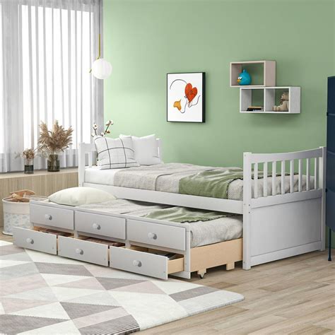 Twin Size Daybed with Trundle and 3 Drawers for Kids Adults, Storage Bed with Headboard and ...