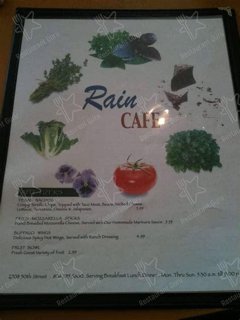 Menu at Rain Cafe, Lubbock, 50th St