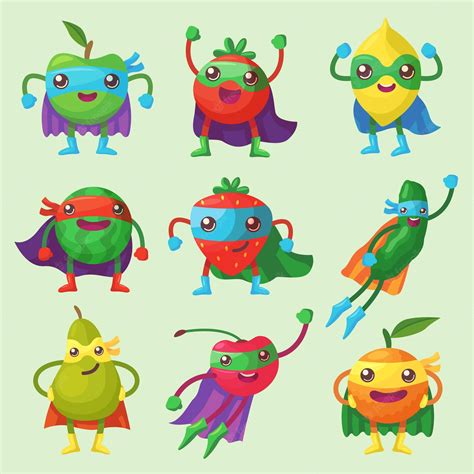 Premium Vector | Fruit, berry and vegetable characters as superheroes set.