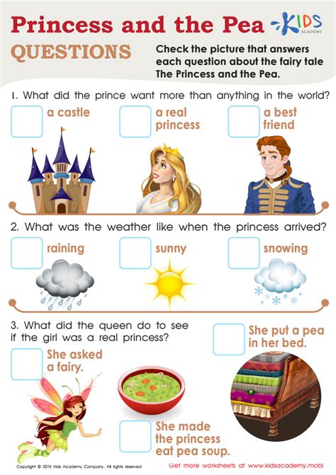 Princess and the Pea Questions Worksheet for kids