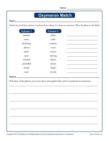 Oxymoron Match | Figurative Language Worksheets