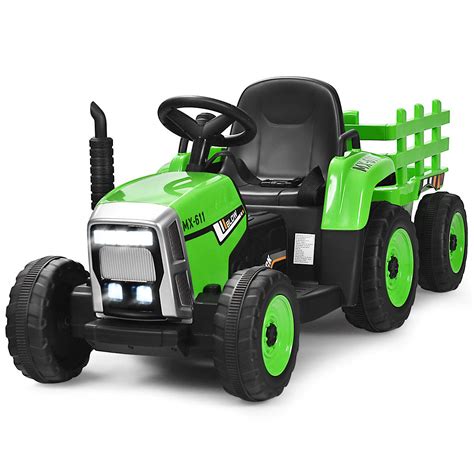 Buy COSTWAY Ride on Tractor and Trailer, 12V Battery Powered Electric Kids Toy Car with LED ...