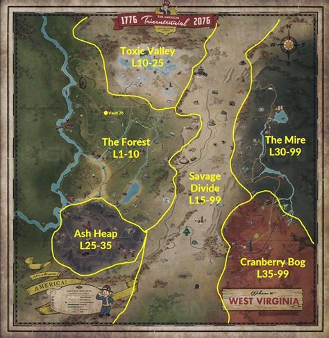 Carte : Zones et leur niveau (Fallout 76) — Les Archives de Vault-Tec