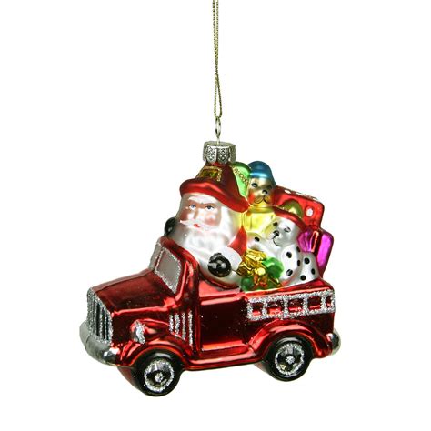 4" Red Fire Truck with Santa & Presents Glass Christmas Ornament ...