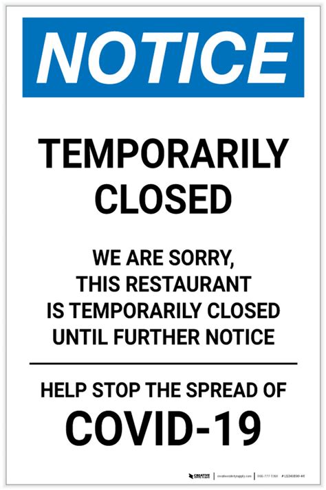 Notice: Temporarily Closed - Restaurant Closed Until Further Notice Portrait - Label