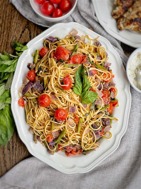 Creamy Spaghetti with Roasted Spring Vegetables - Sweet Savory and Steph