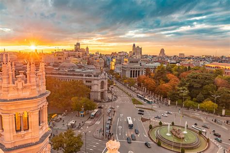 From the Cybele Palace the skyline of Madrid, Spain. View of the sunset in the Spanish capital ...