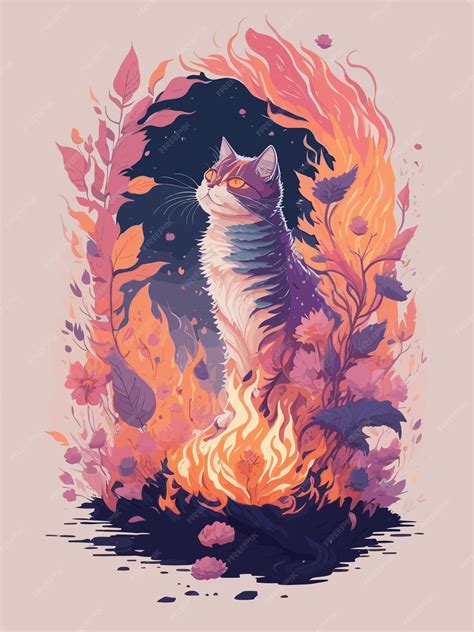 Premium Vector | A cat is standing on a fire surrounded by flowers.