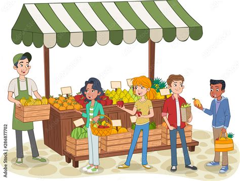 Group of cartoon teenager buying fruits at a street market stand. Local ...