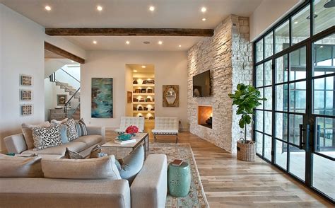 Elegant Suburban House With Exposed Interior Wood Beams