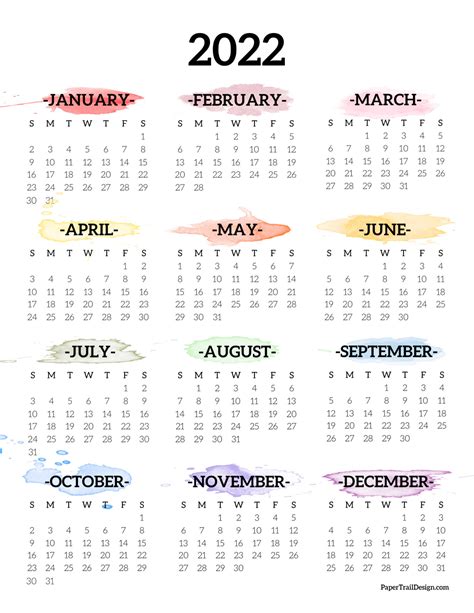 2022 One Page Calendar Printable - Watercolor | Paper Trail Design