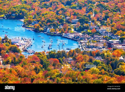 View from Mount Battie overlooking Camden harbor, Maine. Beautiful New England autumn foliage ...