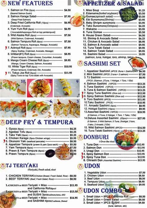 Menu at Tokyo Joe's sushi restaurant, Richmond, Ackroyd Rd #130