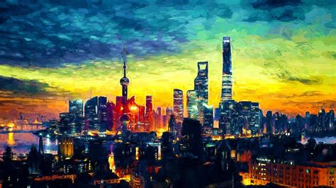 Shanghai Skyline Painting by Theo Westlake