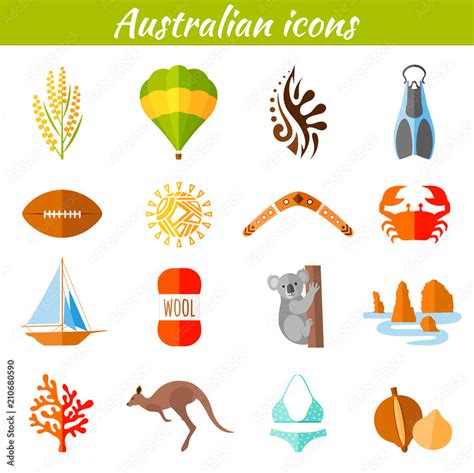 Set of flat icons on the Australian theme. Vector illustration ...