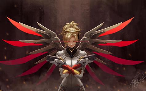 Download 1280x800 wallpaper mercy, overwatch, artwork, game, red wings, full hd, hdtv, fhd ...