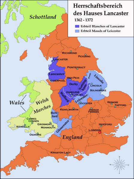 Map showing the Lordships belonging to the House of Lancaster in 1362. | Англия