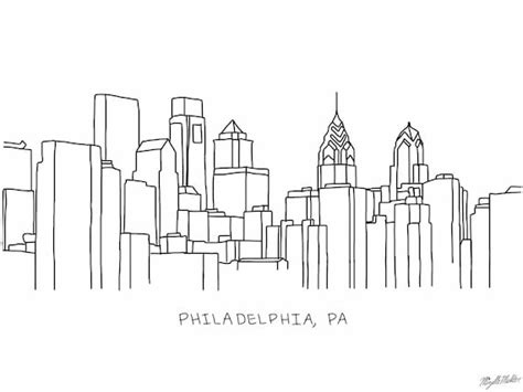 Philadelphia Skyline Drawing White Pink Navy & Black | Etsy