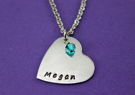 Personalized Heart Necklace with Birthstone Handstamped