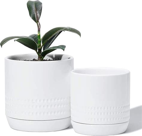 POTEY Plant Pots with Drainage Holes & Saucer - Glazed Ceramic Modern ...