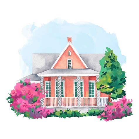 Premium Vector | Country house with garden watercolor