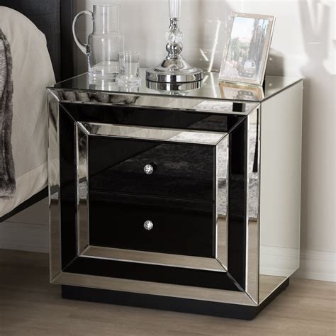 Baxton Studio Cecilia 2-Drawer Nightstand-Color:Black/"Silver" Mirrored,Material:MDF,Style:Glam ...