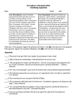 McCulloch v. Maryland (1819) classifying arguments | TpT