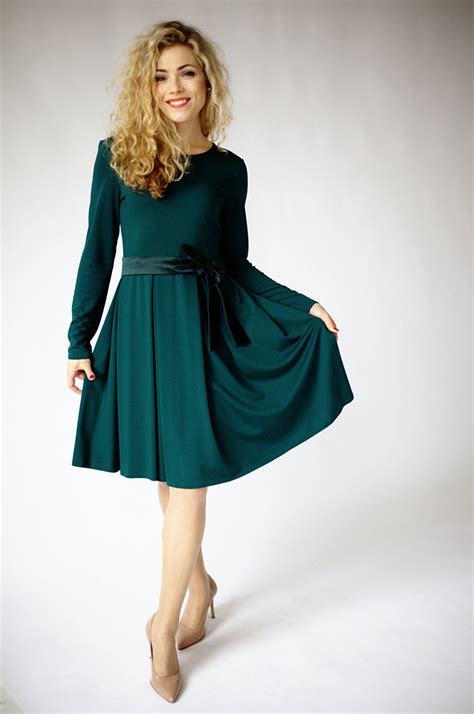 Green dress long sleeve dresses for women fit and flare