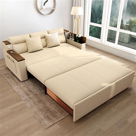 82.7" Beige Full Sleeper Sofa Linen Convertible Sofa Bed Storage & Side Pockets