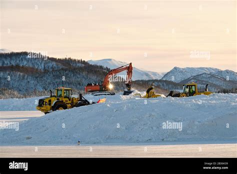 Pictured are snow clearing vehicles at Bardufoss airport, Norway Stock Photo - Alamy