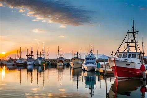 Premium AI Image | fishing boats in the harbor at sunset