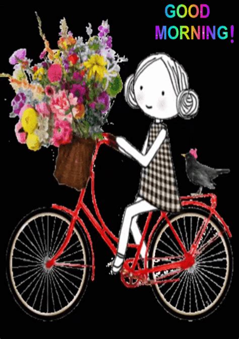 a drawing of a woman riding a bike with flowers in the basket and a bird sitting on it