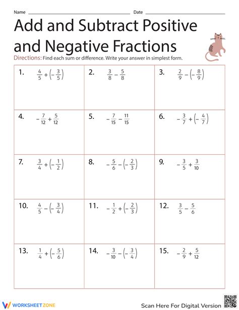 Add And Subtract Positive And Negative Fractions Worksheet