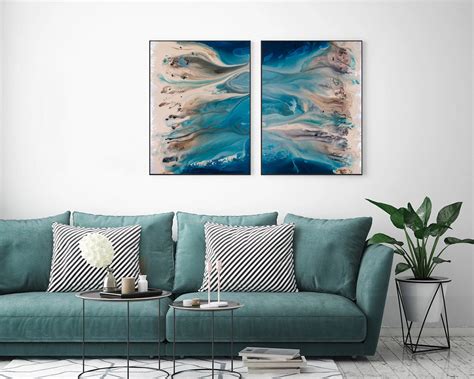 Coastal Wall Art Set, Blue Abstract Art, Blue Wall Art, Beach Landscape, Pair of Large Prints ...