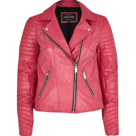 River island Dark Pink Leather Biker Jacket in Pink | Lyst