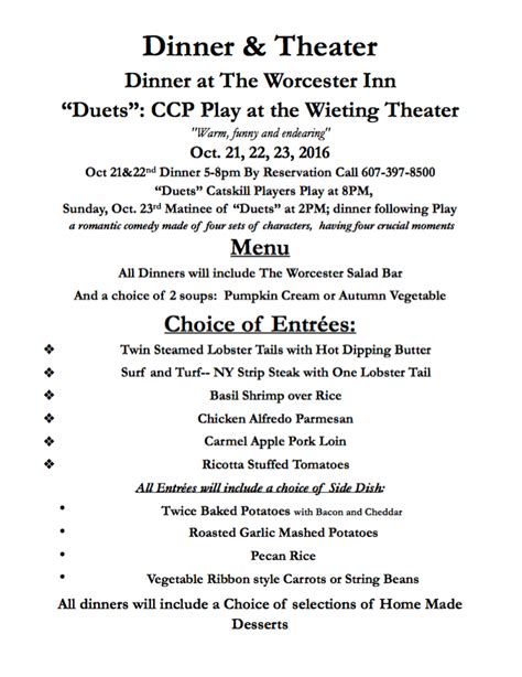 “DUETS” Dinner Theatre Menu – Catskill Community Players