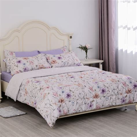 Serenity Night Set of 6 - Cream Floral Print Comforter, Fitted Sheet ...