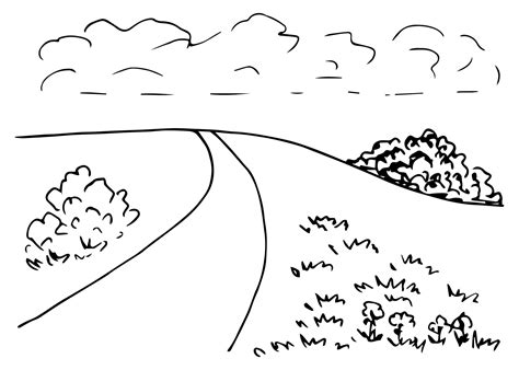 Field road, bushes, grass, countryside landscape, distance path, hill, clouds. Hand-drawn vector ...