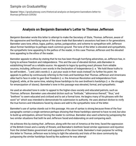 Analysis on Benjamin Banneker’s Letter to Thomas Jefferson Free Essay ...